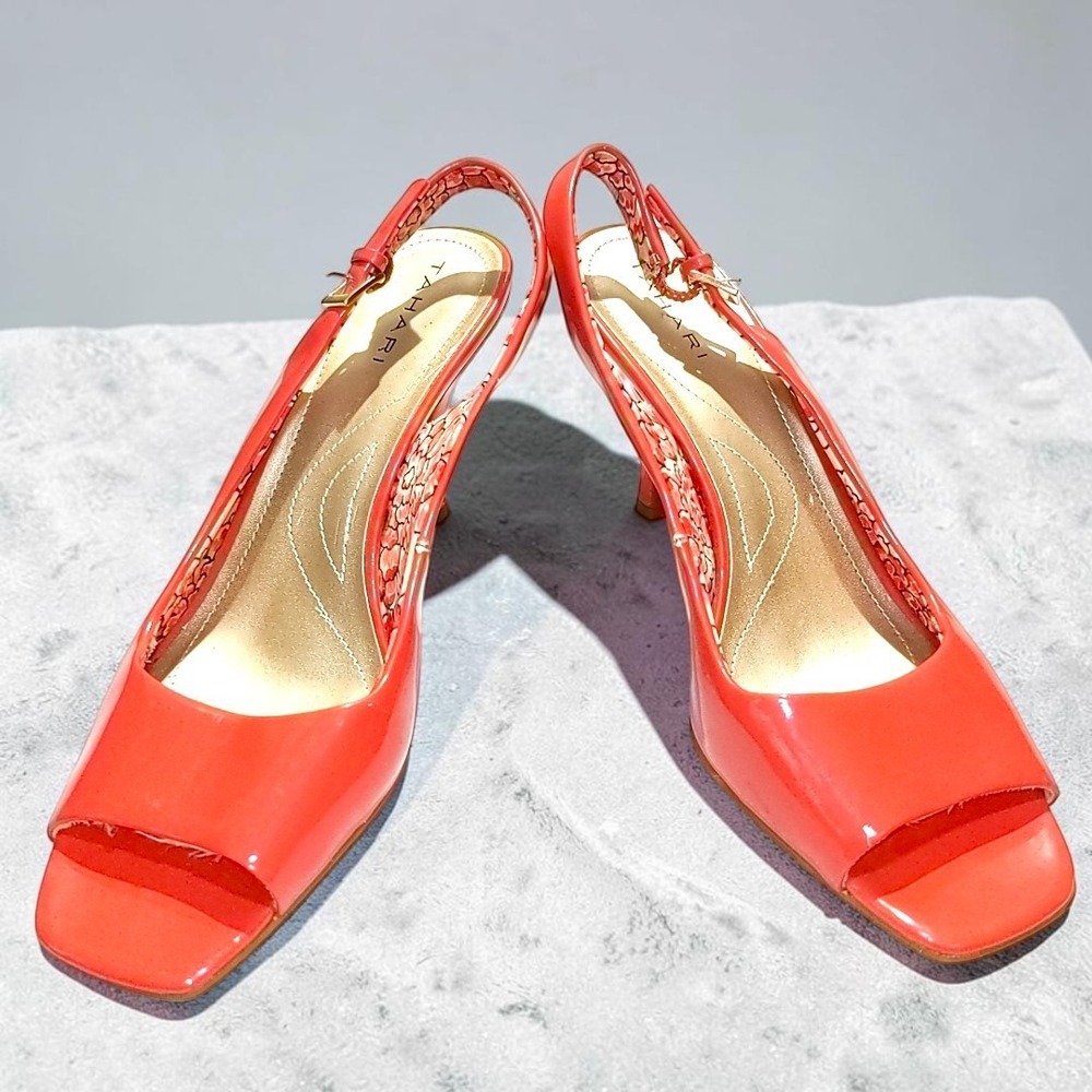 Tahari Robin Patent Slingback Heels Coral Pink Orange Peep Toe Floral Lining 8.5